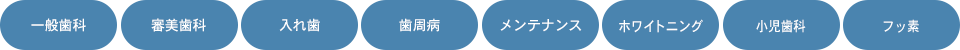 一般歯科、口腔外科、インプラント、入れ歯、歯周病、メンテナス、ホワイトニング、小児歯科、フッ素